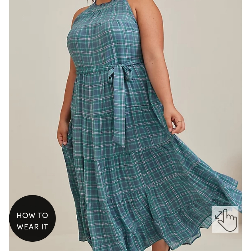 🩷NWT Torrid 2x MAXI LINDSAY HI-LOW TIERED DRESS Plaid Multi
